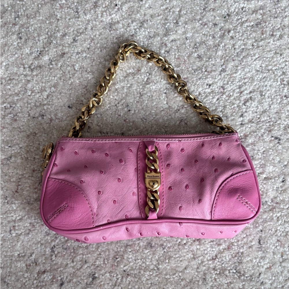 Juicy Couture Pink ostrich Leather Chain Strap baguette wristlet Bag